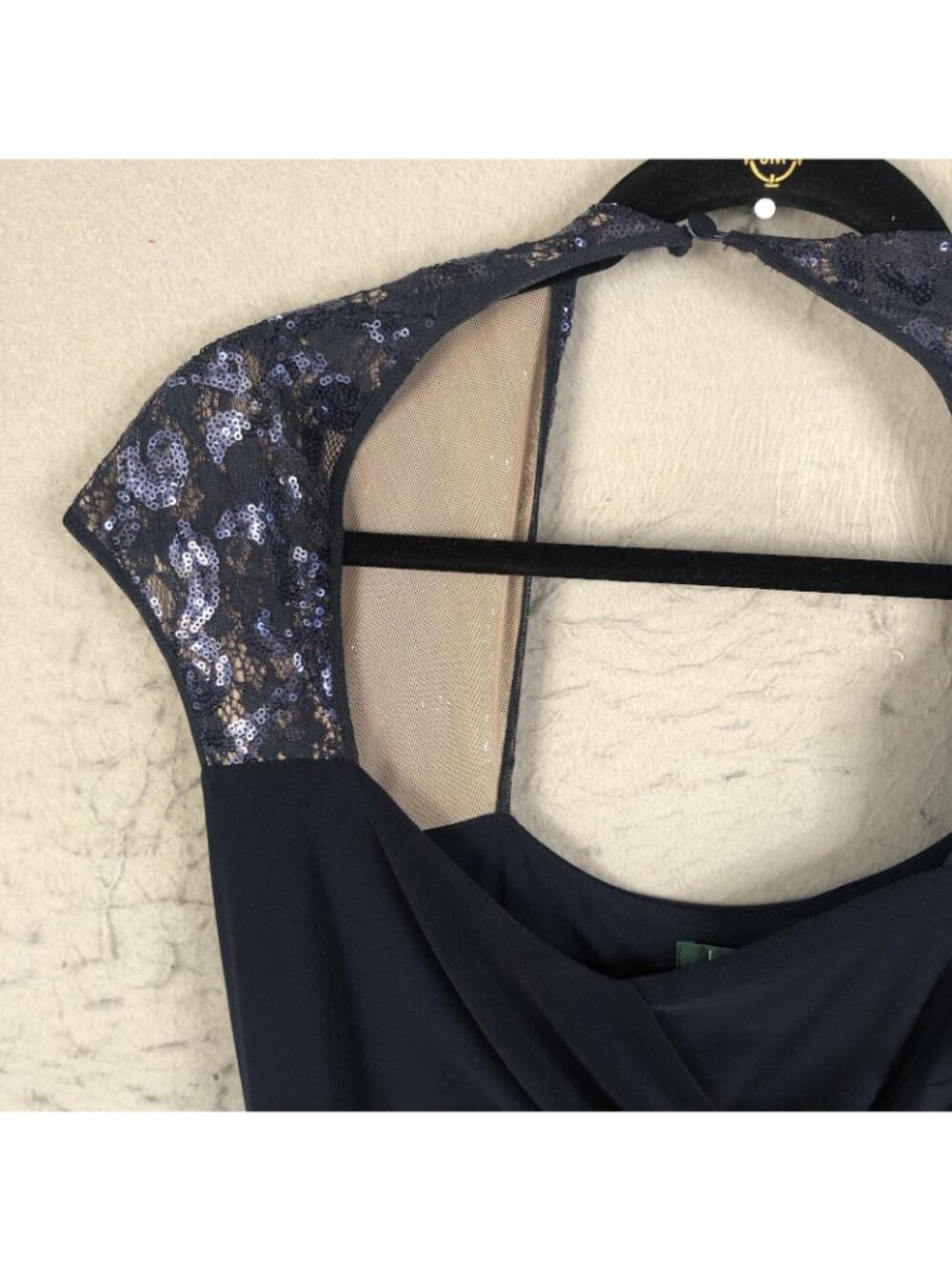 statement Dress Womens 10 Navy Blue Fitted Sequin Sleeves Formal - Picture 14 of 16